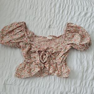 Aeropostale Floral Smocked Blouse with Puff Sleeves